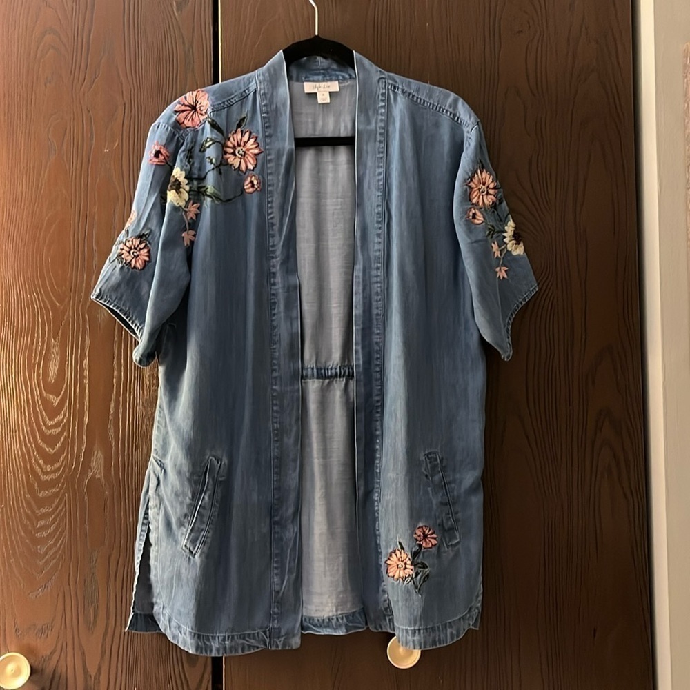 Style & Co. blue, small sleeved jacket with embroidery. Size Medium.”
